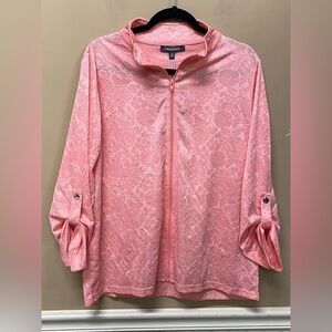 Laurel Grey Coral Jacquard Full Zip Roll Tab Sleeve Top Size XL NWT